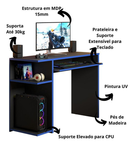 Mesa Para Computador E Gamer Jm Xp Preto/azul