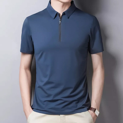 Playeras De Seda Para Hombre Con Cremallera, Camisas Casual