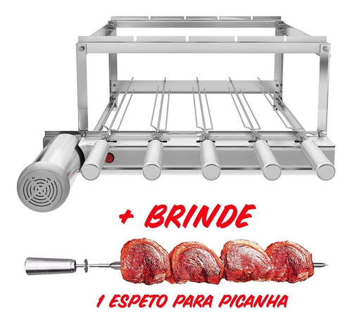 Churrasqueira Inox Gira Grill 5 Espetos Giratórios + Brinde