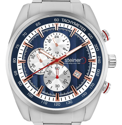 Reloj De Hombre Steiner Acero Inoxidable Fechador/cronógrafo Correa Plateado Bisel Azul Fondo Azul
