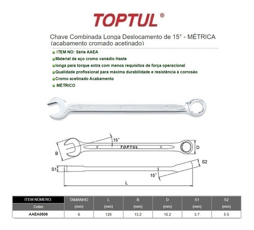 Chave Combinada 6 Mm Extra Longa 129 Mm 15° Toptul Aaea0606