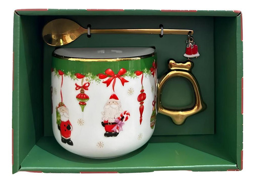 Kit Presente Natal Caneca E Colher Papai Noel Borda Dourada