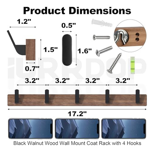 Perchero De Pared De Madera Nogal Negro Con 5 Ganchos