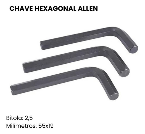 Kit 10x Chave Hexagonal Allen 2,5 Mm 55x19 Cor Preto