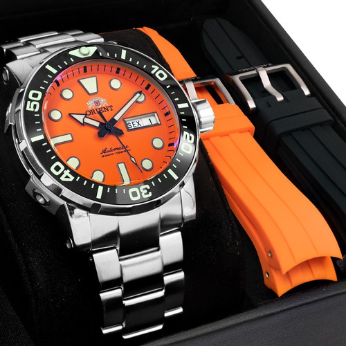 Relógio Orient Masculino Automático F49ss014 Diver 300m Cor da correia Prateado Cor do bisel Preto Cor do fundo Laranja