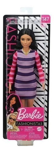 Barbie Fashionistas 147 Cabelo Longo Morena Vestido Listado