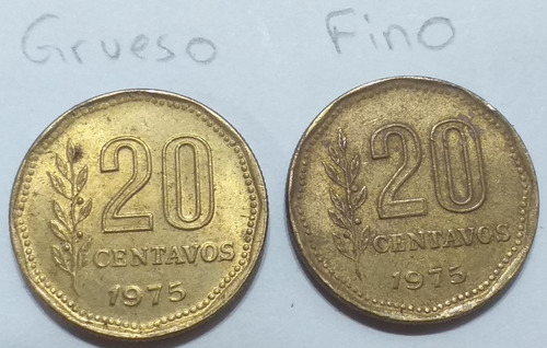 Variante - 20 Centavos 1975 - Canto Fino Y Canto Grueso