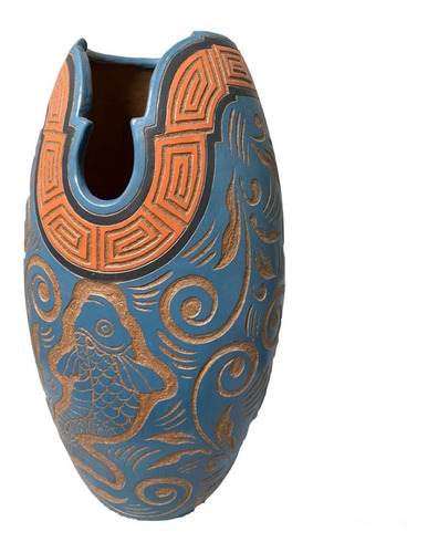 Vaso De Barro Bruñido Fraccionado Azul Engrecado Esgrafiado.