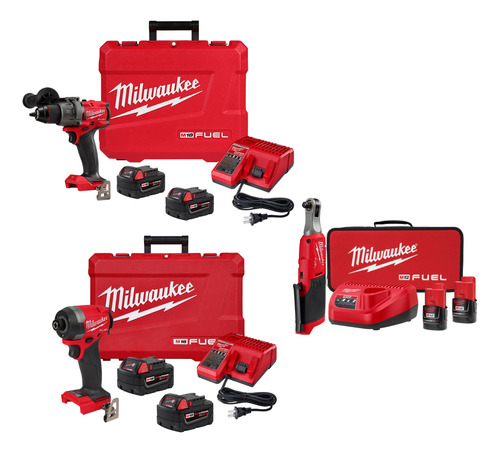 Milwaukee Kit Taladro M18 + Kit Atorn M18 + Kit Chicharr M12