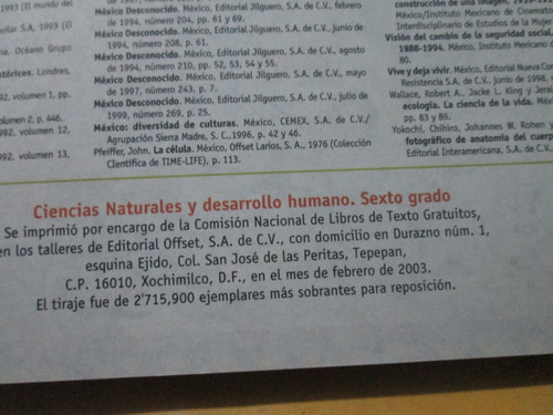 Ciencias Naturales Y Desarrollo Humano Sexto Grado, Año 2003 (Usado)