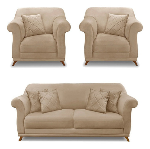 2 Poltronas E Sofá Living 2 Lugares 1,80m Vênus Suede Bege