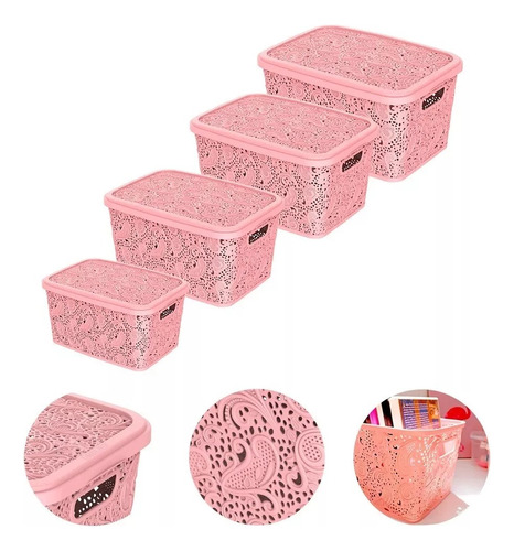 Kit Com 4 Caixas Para Organizar Renda Floral Com Tampa Rosa