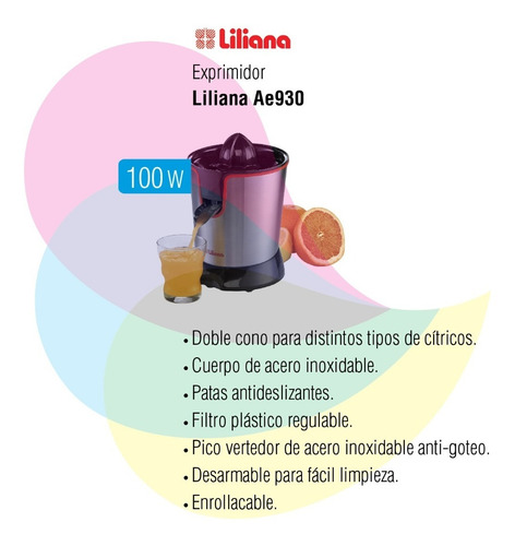 Exprimidor Liliana Pico Acero Inox 100w Ae930
