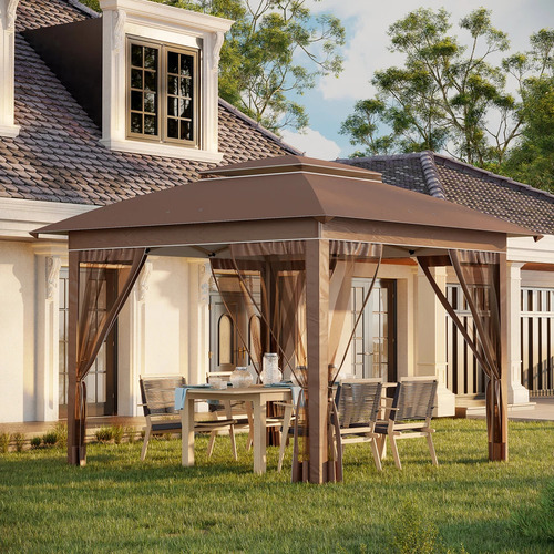 Gazebo Patio 3.6x3.6m, Aluminio, Malla De Red, Cafe