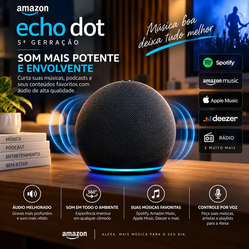 Amazon Echo Dot, Echo Dot 5, Echo Dot 5a Geração, Alexa, Amazon Alexa, Assistente Virtual, Smart Speaker, Caixa de Som Inteligente, Wi-Fi, Bluetooth, Bivolt, 127/220V, Casa Inteligente, Controle voz