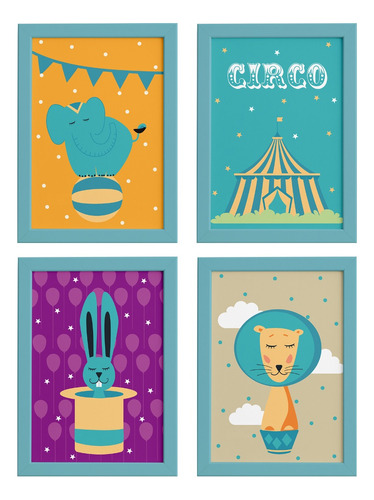 Quadros Para Quarto Circo Moldura Azul 22x32 4un