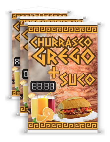 3 Banners Churrasco Grego + Suco - Preço Editável