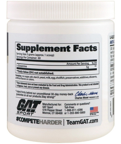 Suplemento en polvo GAT Sport L-Glutamine aminoácidos en pote de 300g