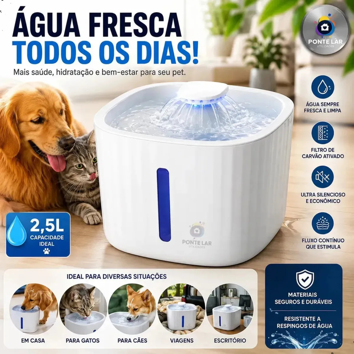 Fonte Bebedouro De Água 2.5l Filtro Cães E Gatos Premium Pet Cor Branco Bebedouro Gato Fonte De Agua Para Gatos E Cachorros Fonte Para Agua Com Filtro Usb Dois Modos Marca Ponte Lar Utilidades