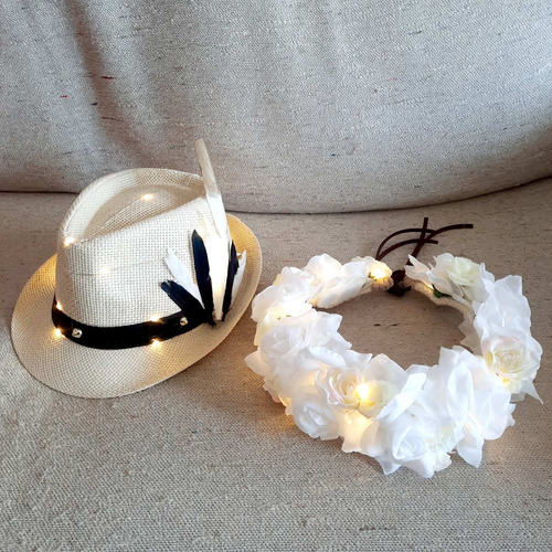 Combo Novios Casamiento - Corona De Flores + Sombrero Led
