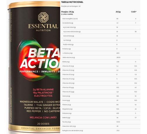Pre Treino Beta Action Essential Nutriton 630g - Sem Cafeina