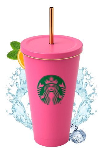 Vaso Liso De Metal De 600 Ml Con Tapa Y Popote Color Fucsia (clicuc)