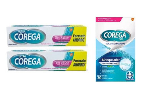 Pack De 30 Corega Tabs + 2  Corega Adhevido Sin Sabor 70g.