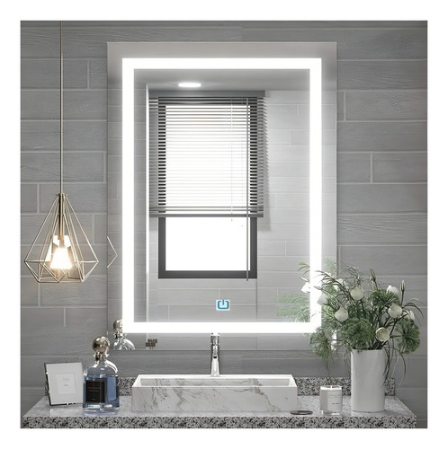 Espelho Jateado Iluminado Com Led E Touch Screen 100x60cm Moldura Branco Frio 6000k Na Horizontal