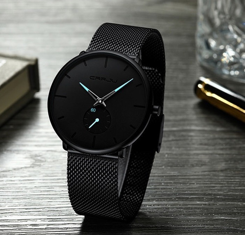 Reloj pulsera Crrju 2150 de cuerpo color negro, relojes de pulso hardlex, para hombre, con correa de acero inoxidable color, bisel color azul y velcro