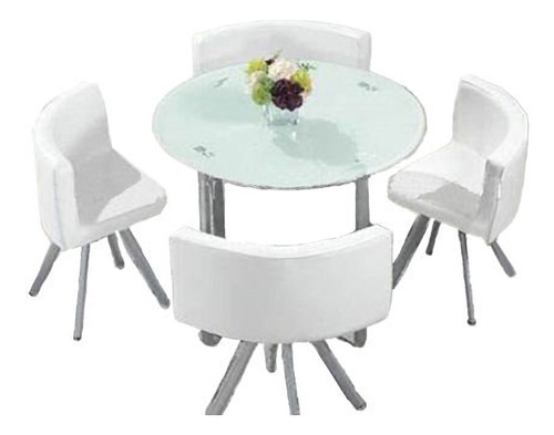 Juego Mesa Comedor Redonda Vidrio Blanco Y 4 Sillones Blanco