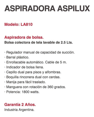 Aspirador de pó de trenó violeta Liliana Aspilux LA810 2.5L 220V-240V