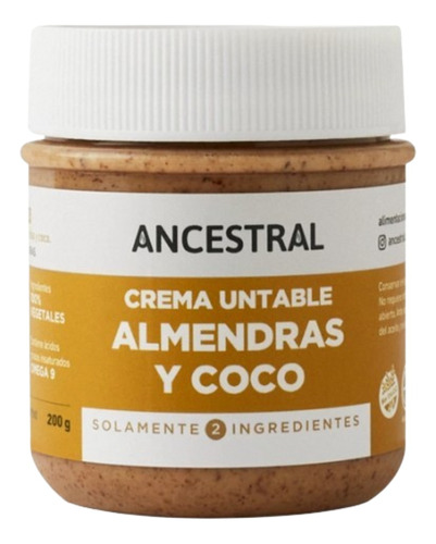 Crema Pasta Untable Natural Almendras Y Coco Ancestral 200g