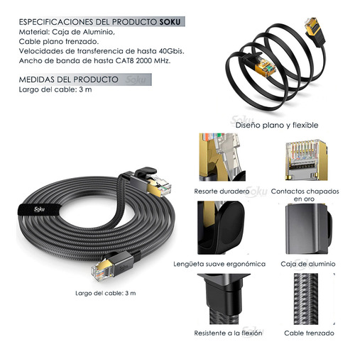 Soku Cable Red Plano Categoría 8 Cat8 Rj45 Ethernet Uso Rudo 100% Cobre Negro