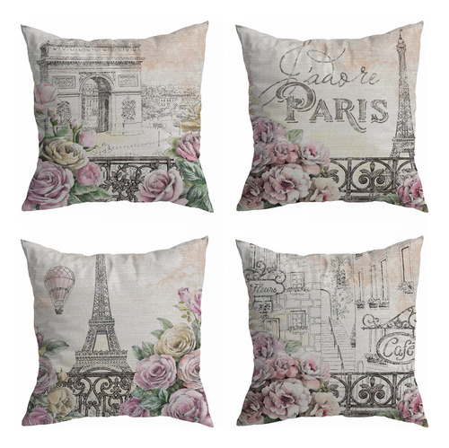 4 Juegos De Fundas De Cojín,estampado Floral La Torre Eiffel