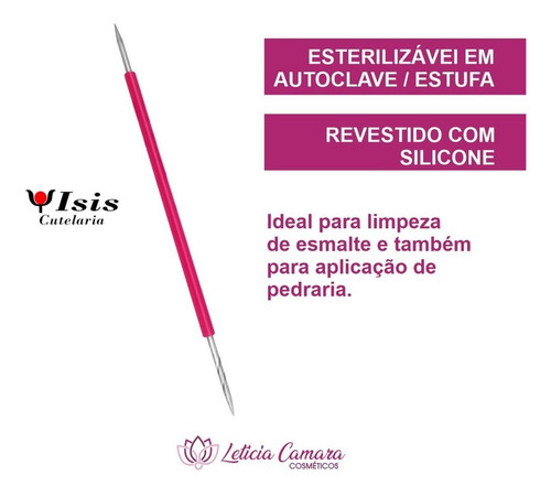 Imagem 2 de 3 de Palito De Unha Inox Duplo Isis Cutelaria Rosa Manicure 1un