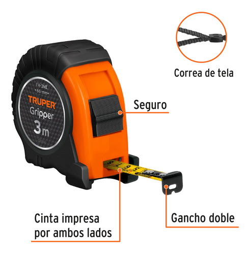 Flexómetro Contra Impacto, Graduación Métrica, 3 M, 13 Mm.