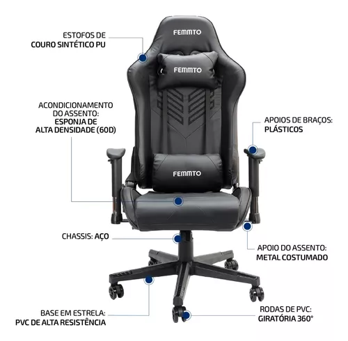 Silla Gamer Ergonomica Giratoria Femmto Ge002-azul Para Escritorio Pc Gaming  Reclinable 180° Peso Maximo 150 Kg