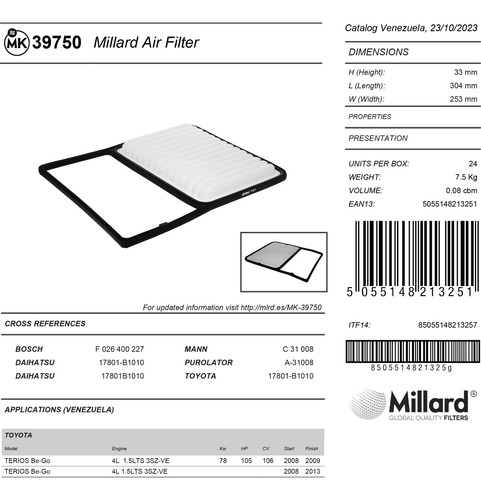 Filtro De Aire Mk-39750 (a-31008) Terios Be-go 4l
