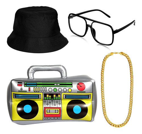 Hip Hop Disfraz Kit Inflable Boom Caja Bucket Hat Gafas...