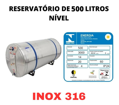 Reservatório Boiler 500 Litros Bp 316 L Resistência + Anodo