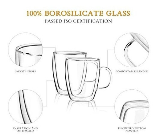 Tazas De Café Doble Pared, 16 Oz, Cristal Transparente Con
