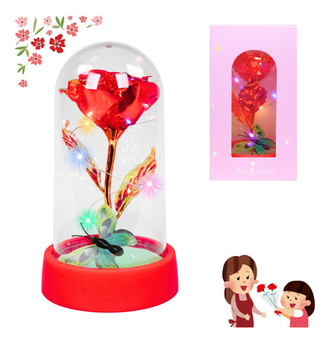 Rosa Eterna Tornasol + Mariposa Con Luz Led Flor Artificial Rojo
