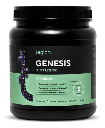 Legion Genesis Greens Superfood Con Adaptógenos 30 Servs Sabor Acai Berry