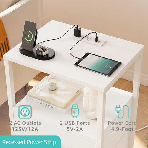 Mesita De Noche Blanca Con Carga Y Puertos Usb Moderna