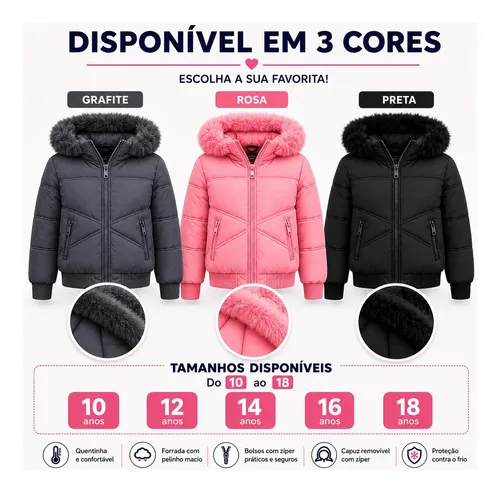 Jaqueta Puffer Menina Juvenil Forrada Pelinho Teen Infantil