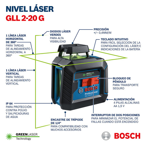 Nivel Láser Verde De Líneas Cruzadas Bosch Gll 2-20 G 10m +