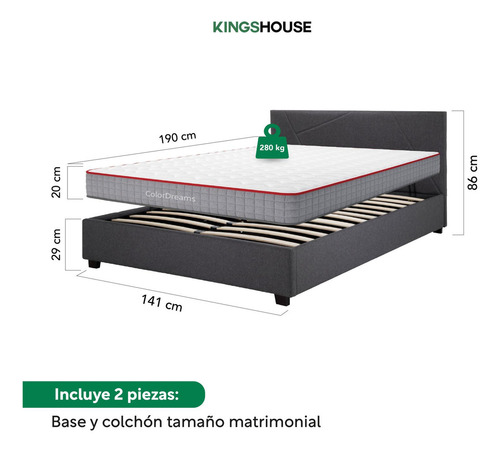 Base De Cama Abatible y Colchón Kingshouse BEDPLEGA-DUOSG20 Memory Foam 135x190x20 cm Con Resortes Pocket Matrimonial Box De Madera Cabecera Color Gris