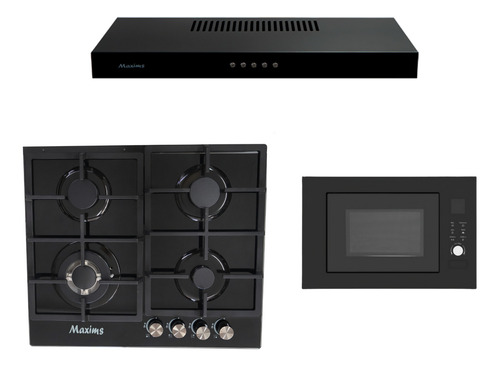 Parrilla De Gas 4 Quemadores Maxims Hbh4gs De Cristal Templado Incluye Campana De Cocina Maxims Hf6101aba Color Negro Y Horno De Microondas Empotrable.