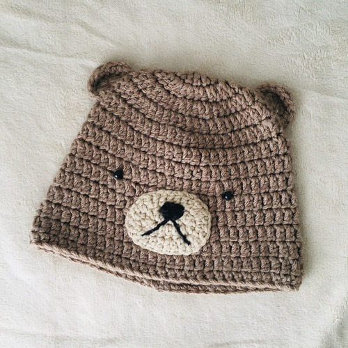 Gorro Tejido A Mano Con Orejas - Cara De Osito - Niños Niñas