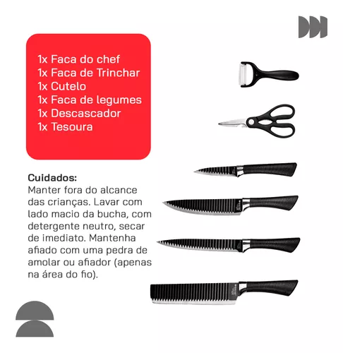 Jogo Kit Facas Cozinha Churrasco Chef Cerâmica Inox 6 Peças